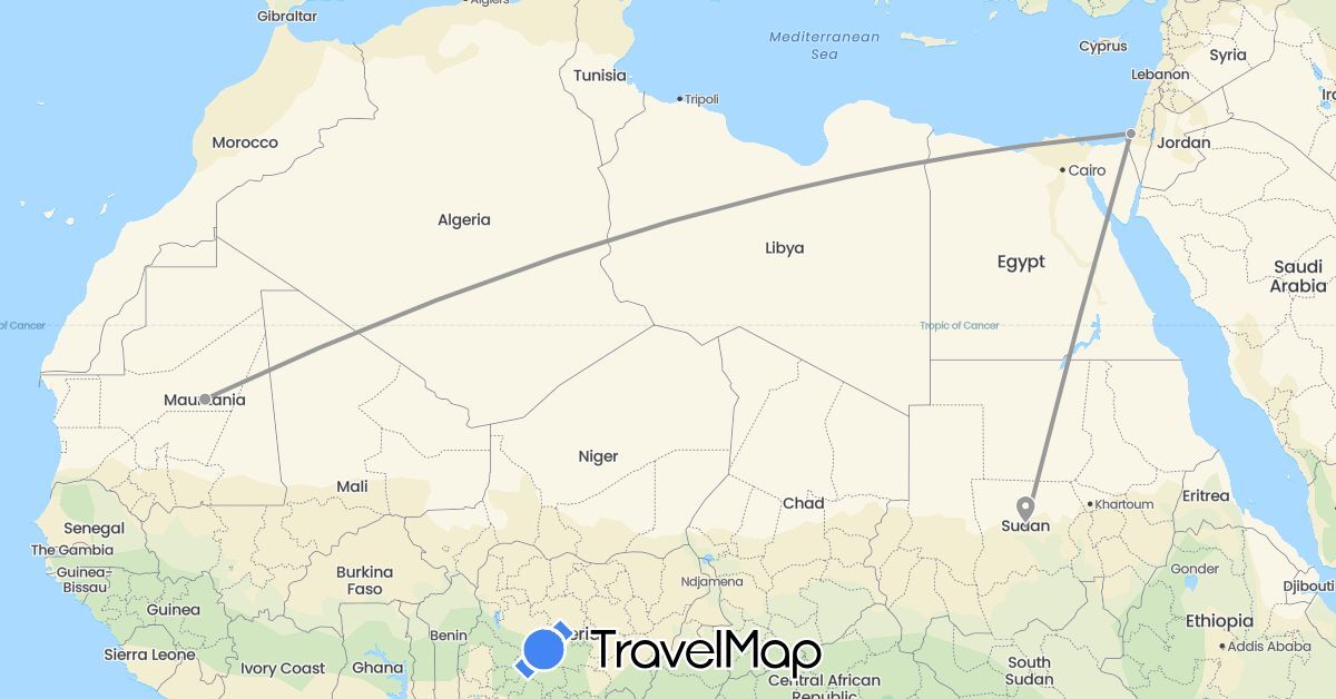 TravelMap itinerary: driving, plane in Austria, Palestinian Territories, Syria (Asia, Europe)